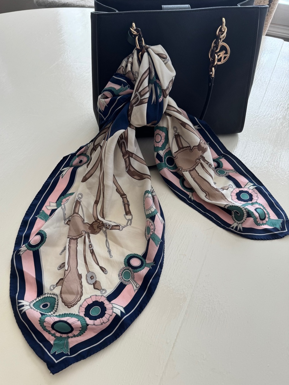 Ginnie Johansen Silk Riding-Inspired Scarf in Navy, Pink & Cream